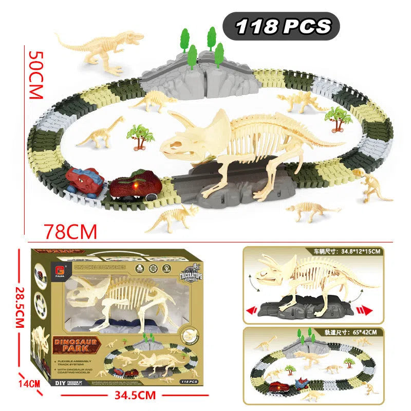 Electric toy DIY assembly skeleton dinosaur track car with 209 plastic pieces on a table