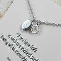 Stainless steel mustard seed faith pendant necklace on adjustable chain, silver colour, geometric shape with drip oil finish