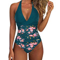 Women's printed backless lace-up one-piece bikini swimsuit in a leopard print pattern.