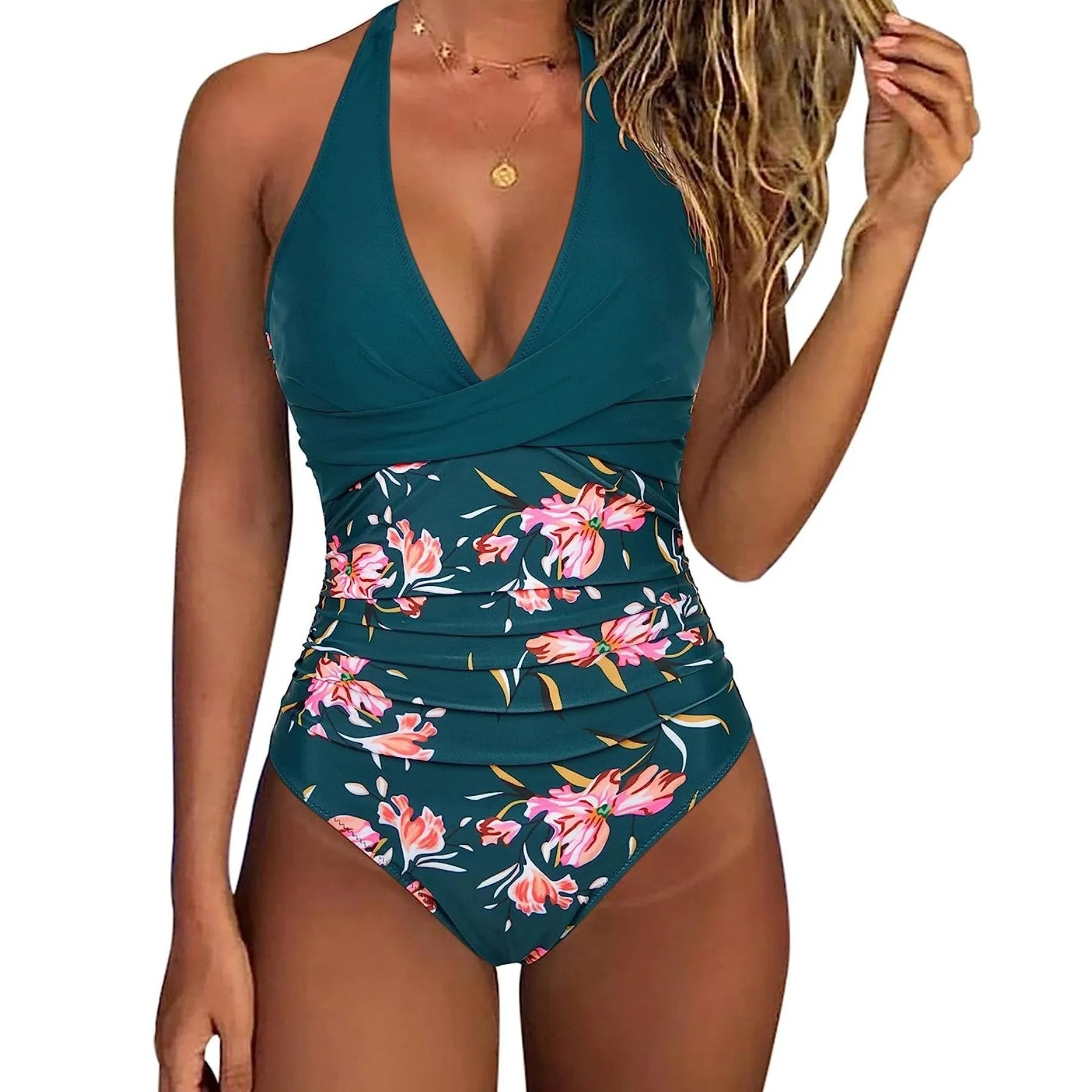 Women's printed backless lace-up one-piece bikini swimsuit in a leopard print pattern.