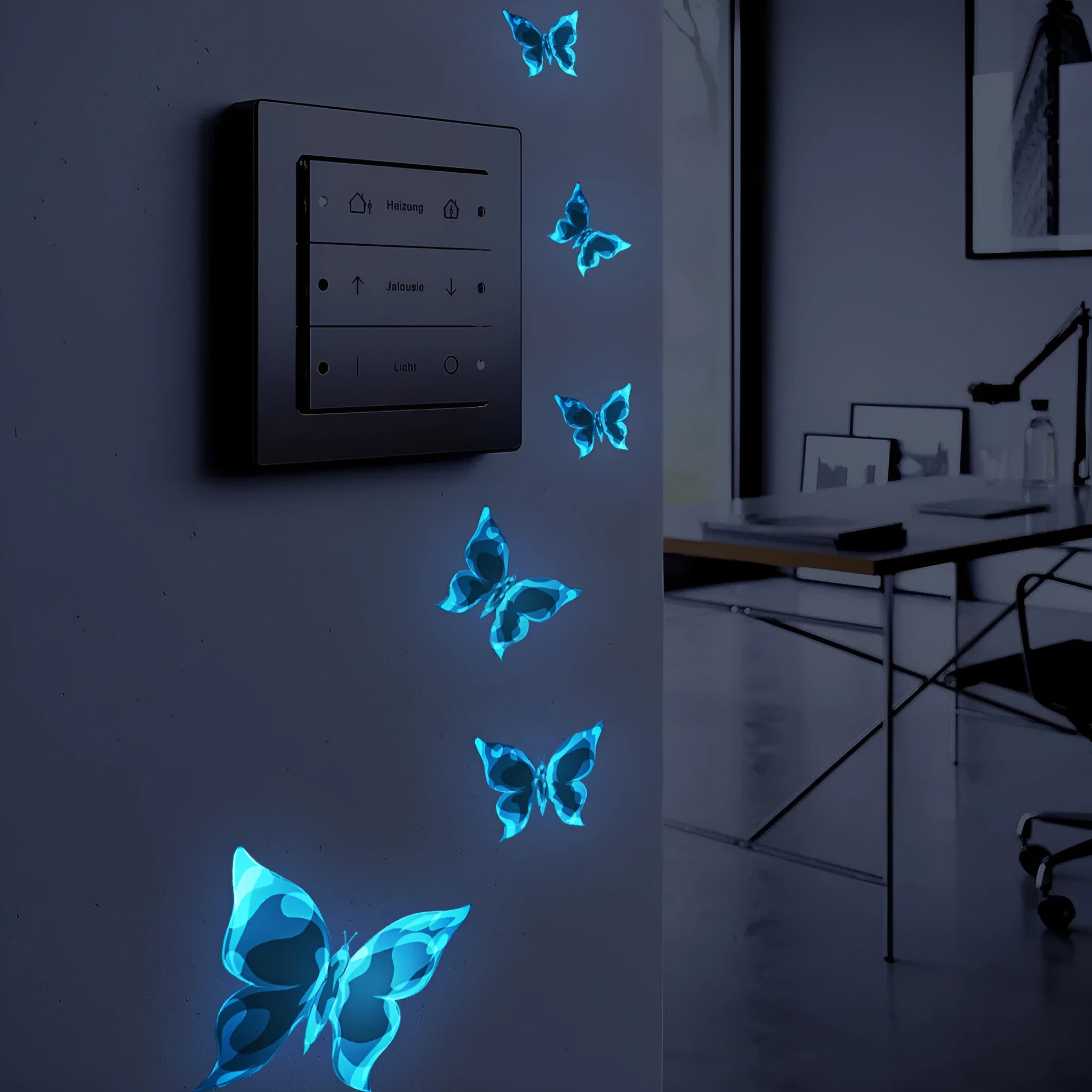 Blue luminous butterfly wall sticker 15x15cm PVC glowing on bedroom wall