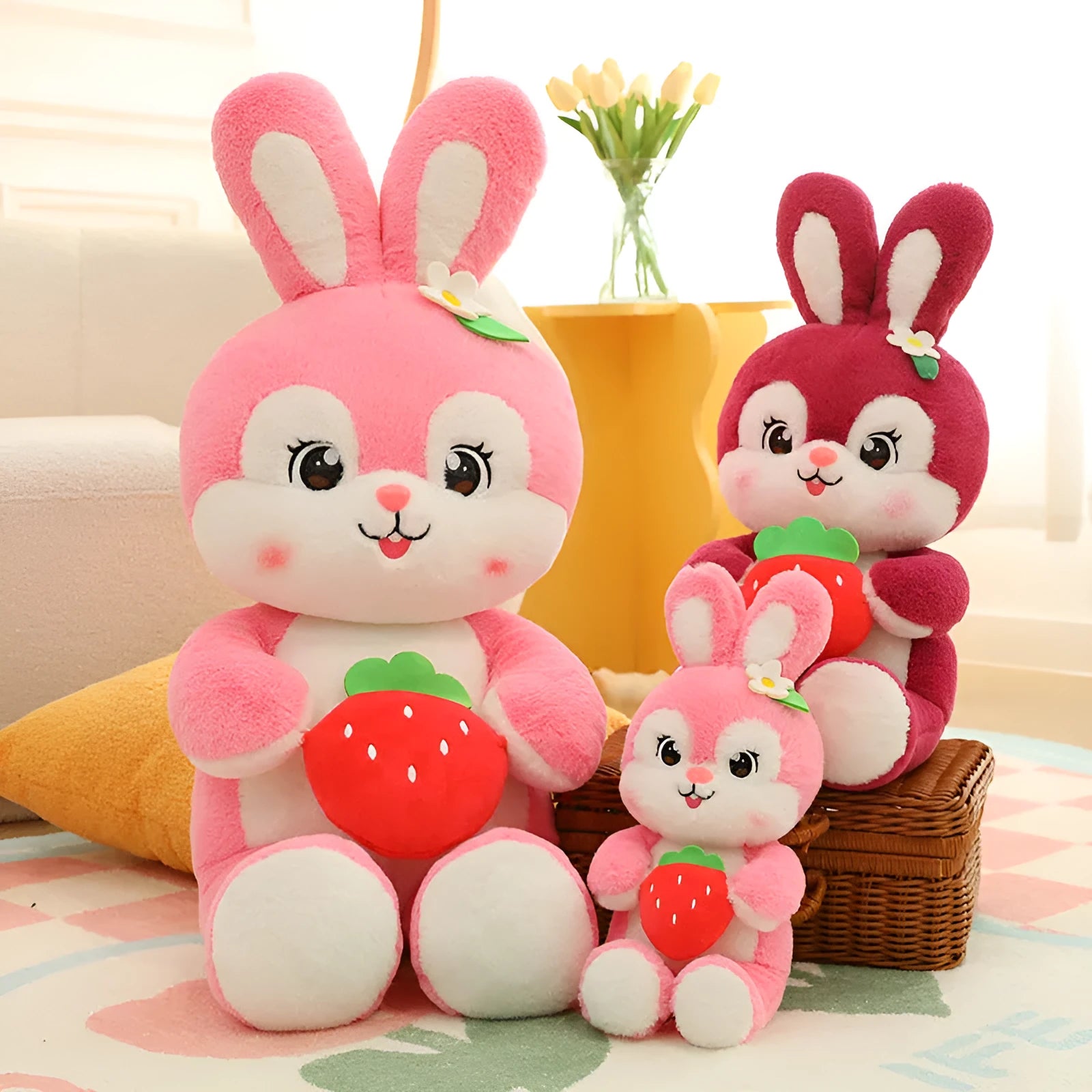Pink strawberry rabbit plush toy doll pillow with soft furry fabric on white background
