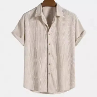 Men's casual short-sleeved polyester shirt in cardigan style showing colour options and extended sizing