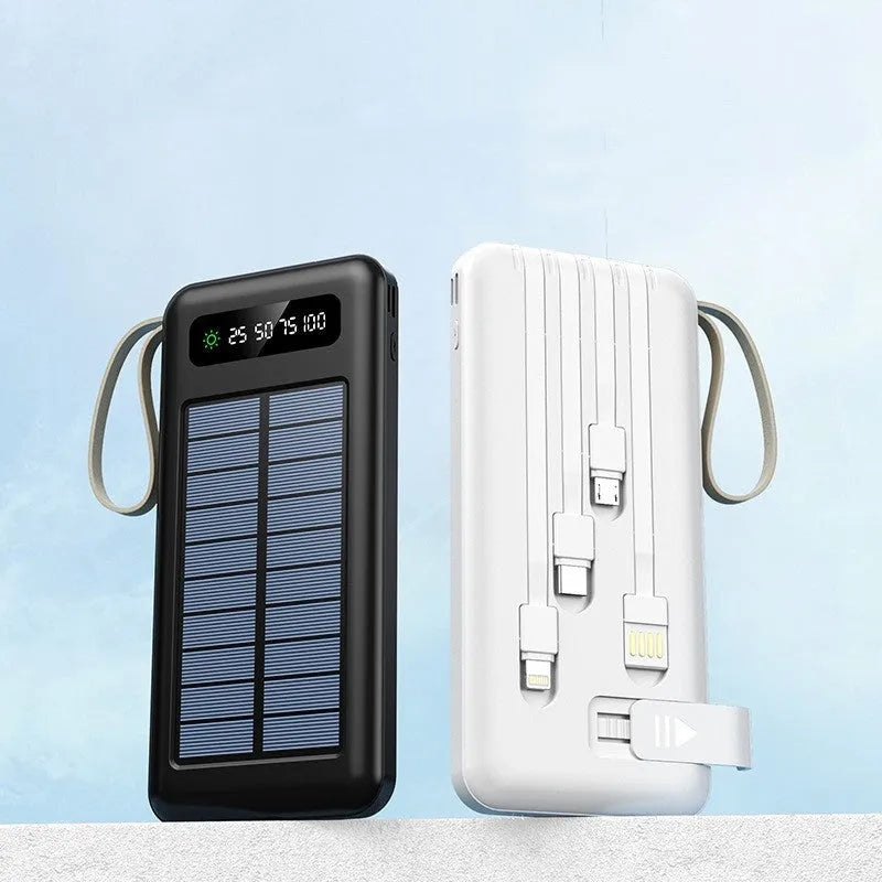 Cool black and ivory white solar power bank with integrated solar panel and multi-interface charging cable
