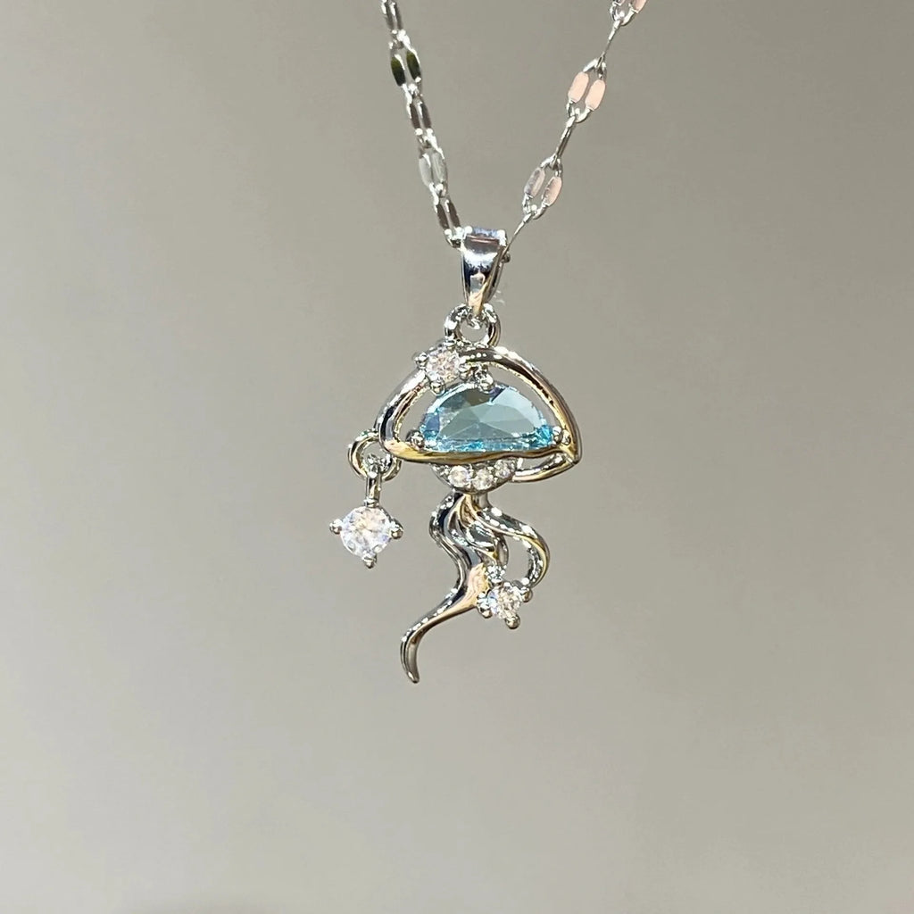 S925 sterling silver blue jellyfish pendant necklace on 41-50cm adjustable chain with white gold finish