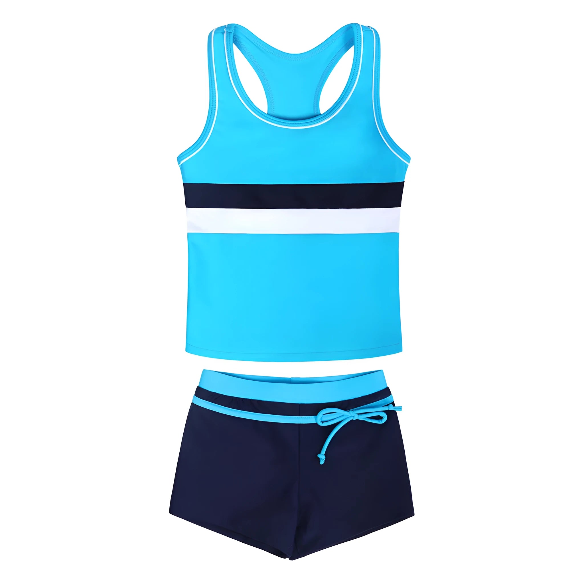 Girls two-piece split boxer swimsuit with chest pad in blue showing shirt and shorts on child model
