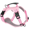A black adjustable dog harness with a front chest D-ring, shown on a dog, demonstrating even strap placement.
