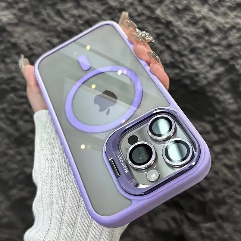 Transparent iPhone case with invisible bracket and CD pattern lens protector, shown in black.