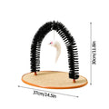 Black arch-shaped cat grooming brush with scratching surface and attached plush mouse toy on non-slip base