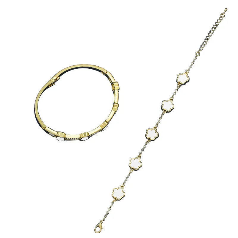 Five petal flower lace bracelet two-piece set in copper with electroplated finish, white colour variant TZ-809