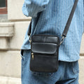 Men's brown genuine leather crossbody shoulder bag with detailed sewing lines