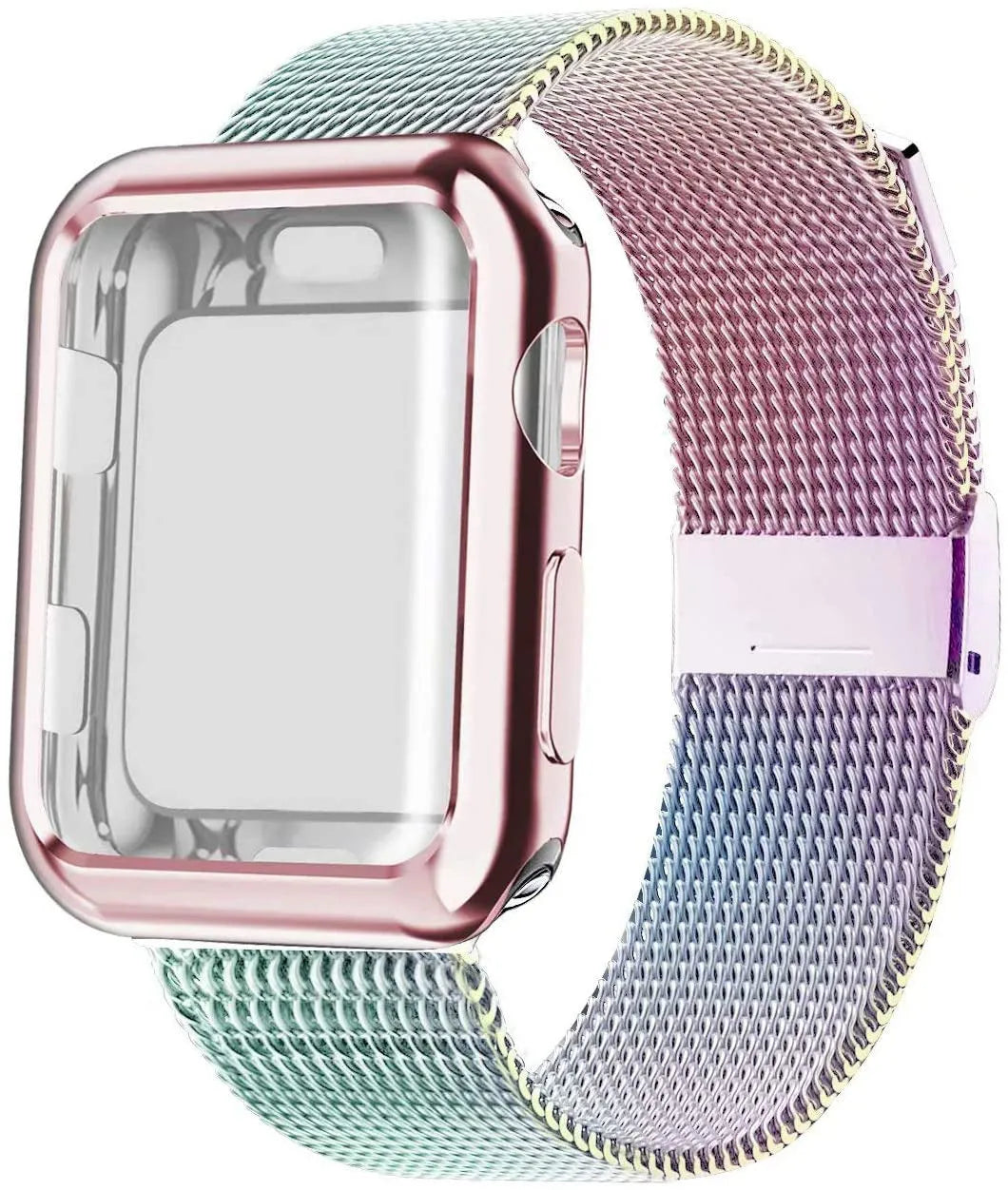 Silver magnetic Milanese loop strap attached to an Apple Watch on a wrist, showing the adjustable magnetic clasp.