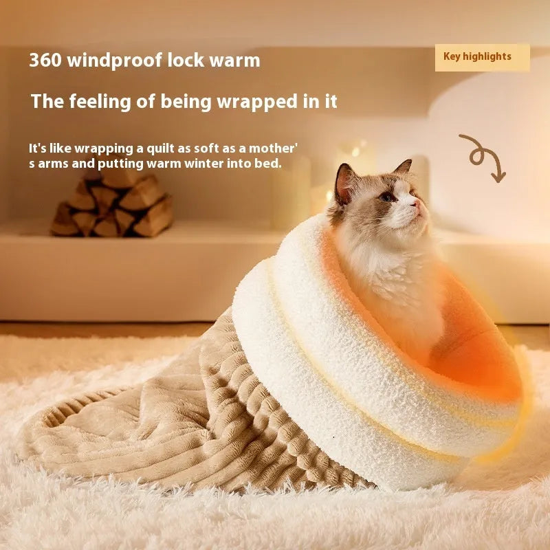 Brown semi-enclosed lambswool cat sleeping bag on a wooden floor.