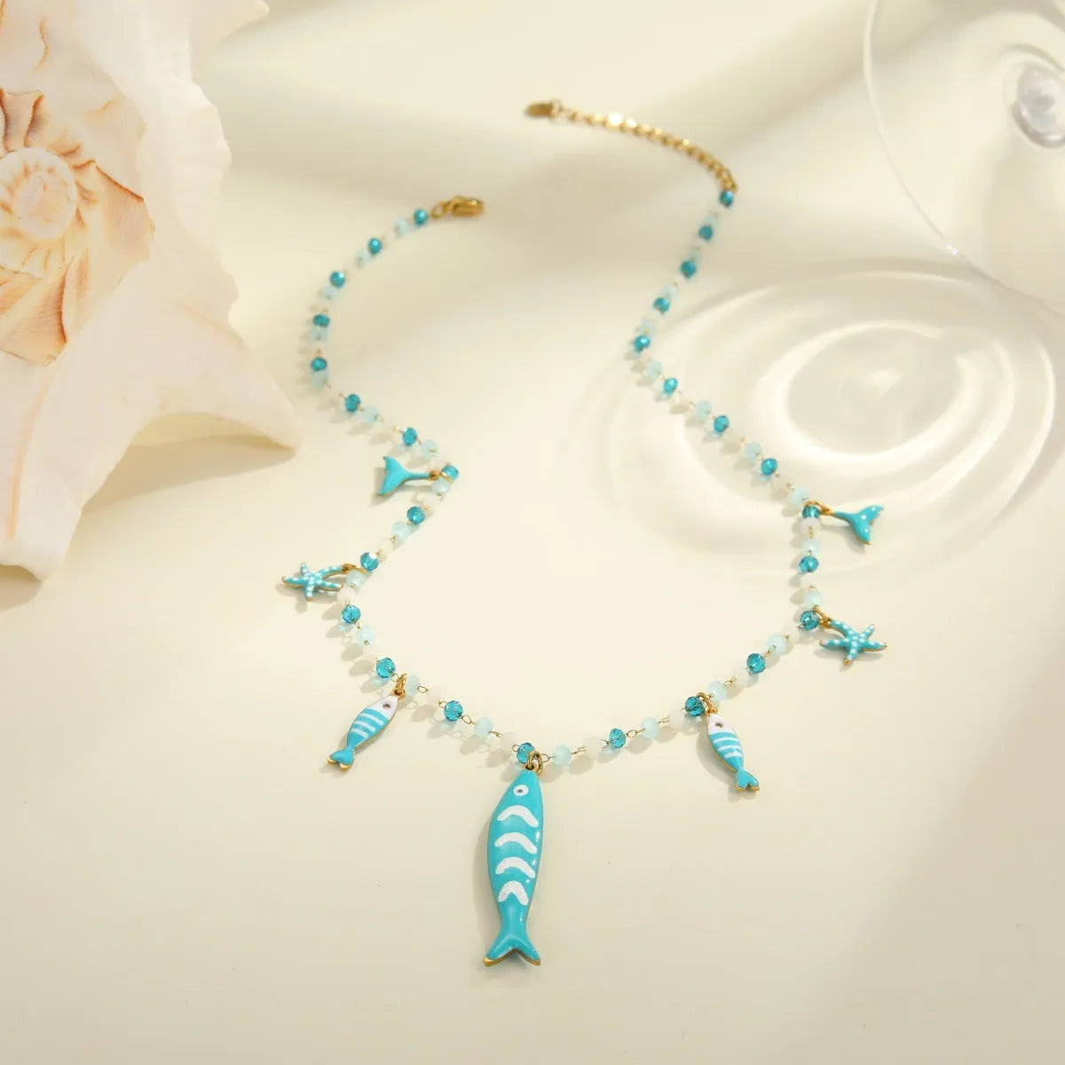 Vacation style beaded oil dripping fish stainless steel necklace with 18K electroplating, pink colour, adjustable chain