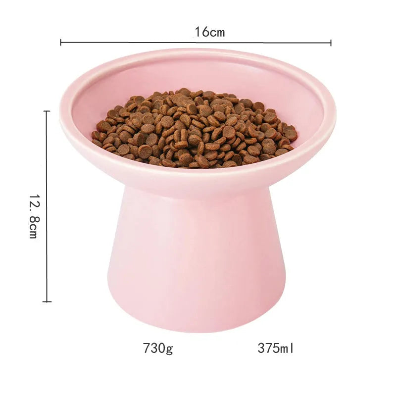 Elevated ceramic cat bowl in blue with wide shallow dish on weighted base