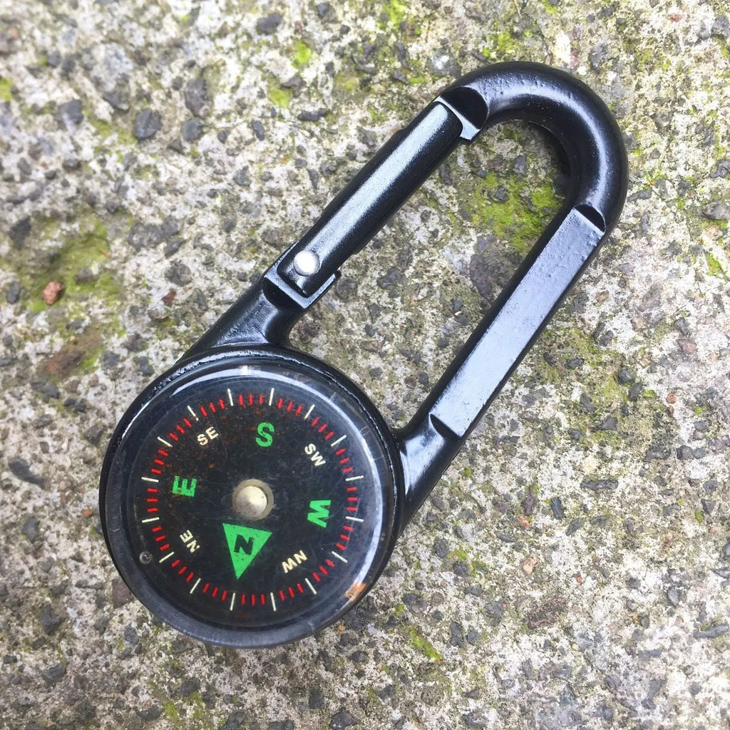 Black Army Green rose gold zinc alloy camping carabiner with thermometer and compass display, shown from the side.