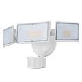 White 120V LED motion-activated security flood light with PIR sensor mounted on an exterior wall.