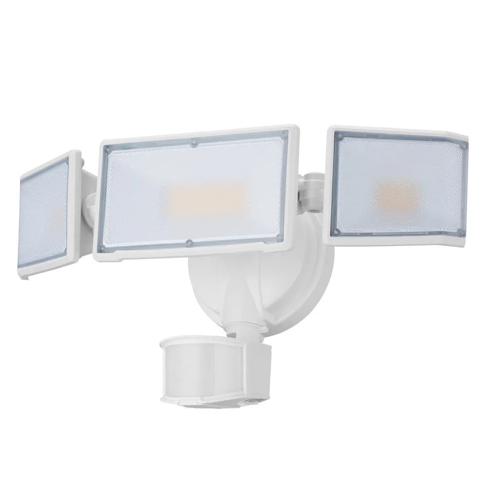 White 120V LED motion-activated security flood light with PIR sensor mounted on an exterior wall.