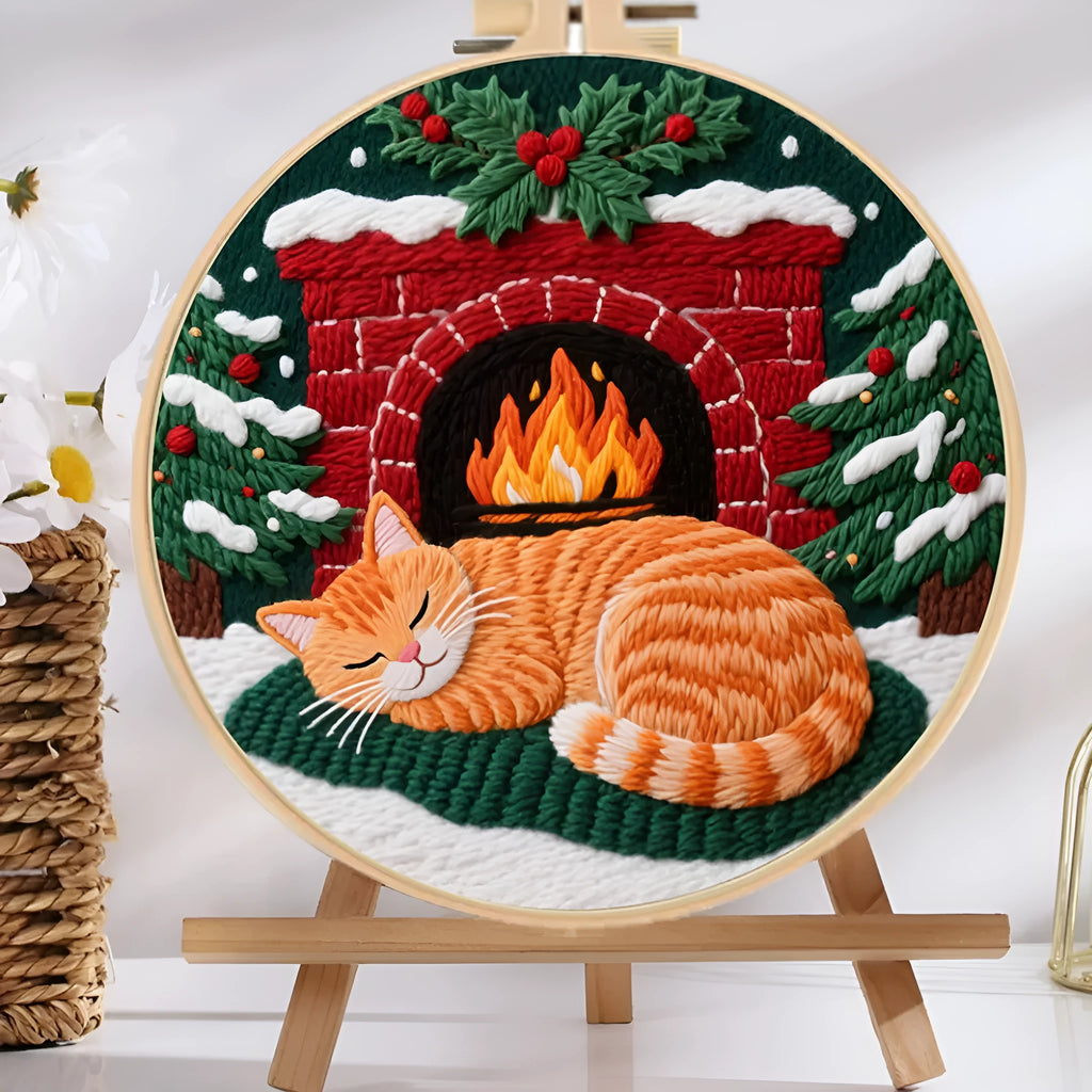 Cotton linen embroidery kit with autumn fruit pattern, imitation bamboo hoop, and scissors on wooden table