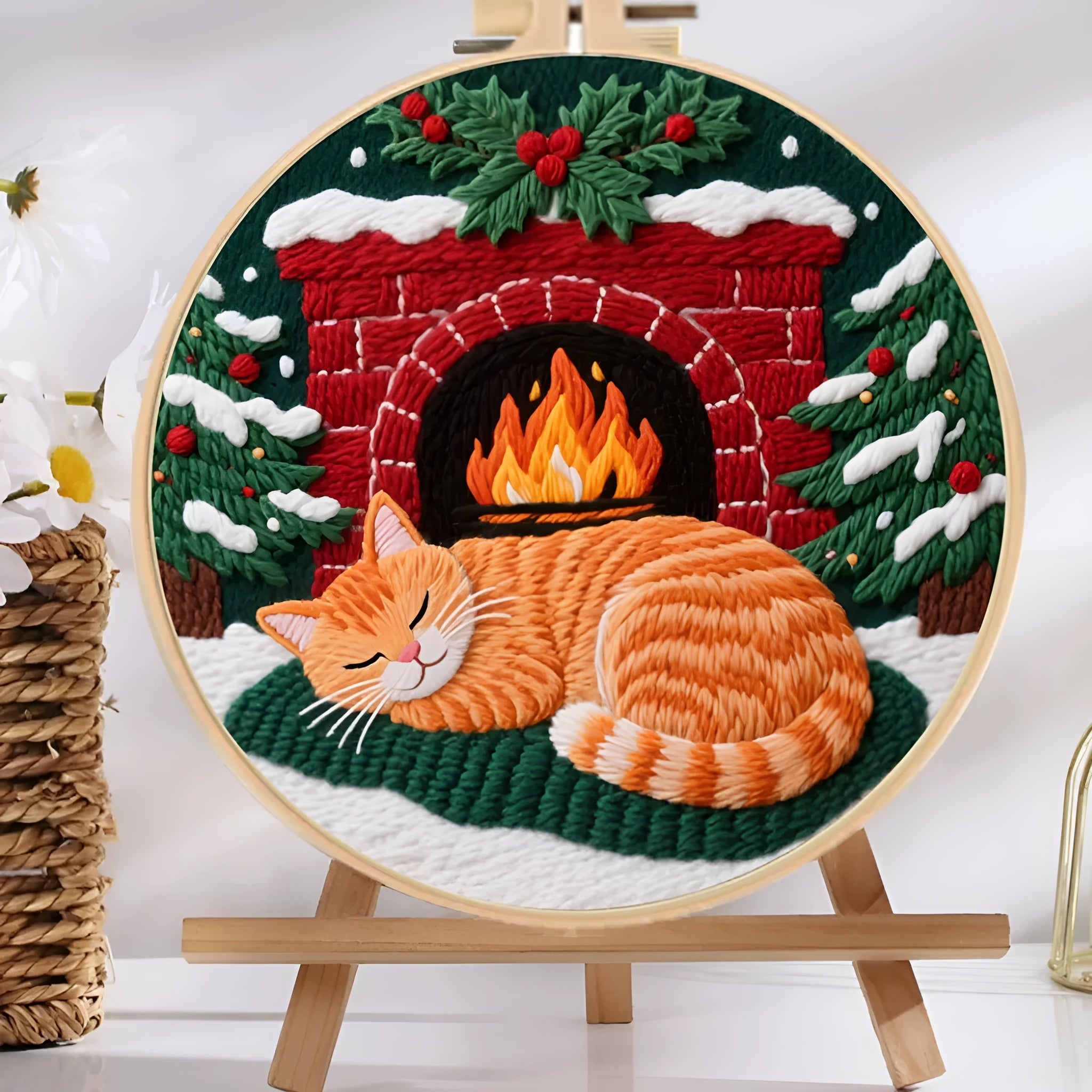 Cotton linen embroidery kit with autumn fruit pattern, imitation bamboo hoop, and scissors on wooden table