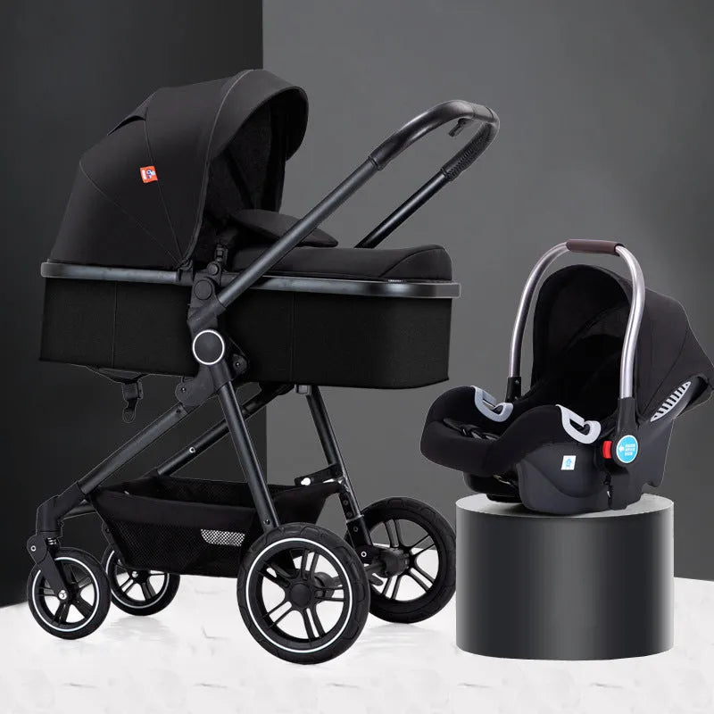 Four-wheel stroller with flat lying function, aluminium alloy frame, S-500-Classic Black colour, 15kg bearing weight, 45.5 x 20.5 x 67cm cart packaging size