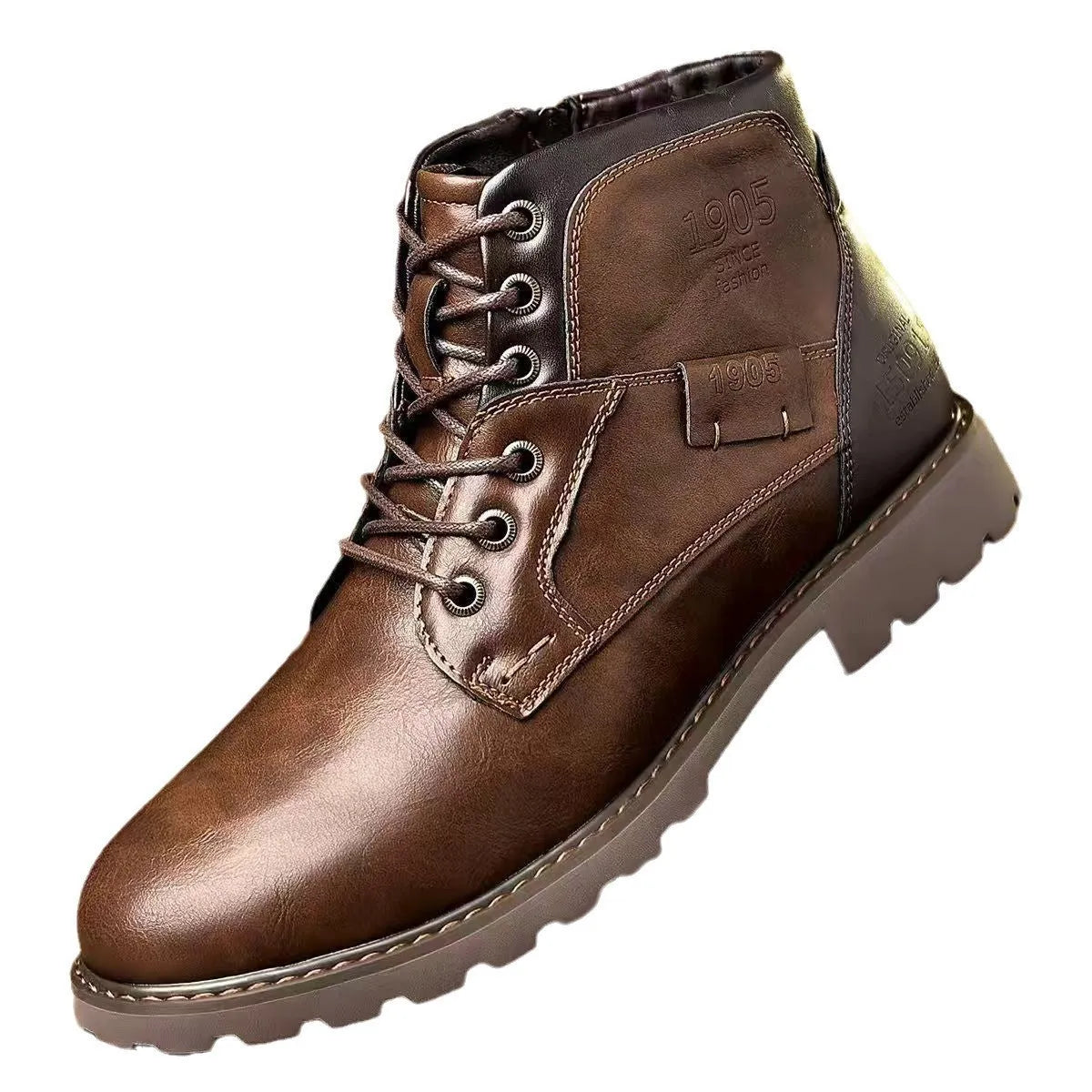 Men's brown casual ankle boot with a side zip and round toe on a rubber sole.