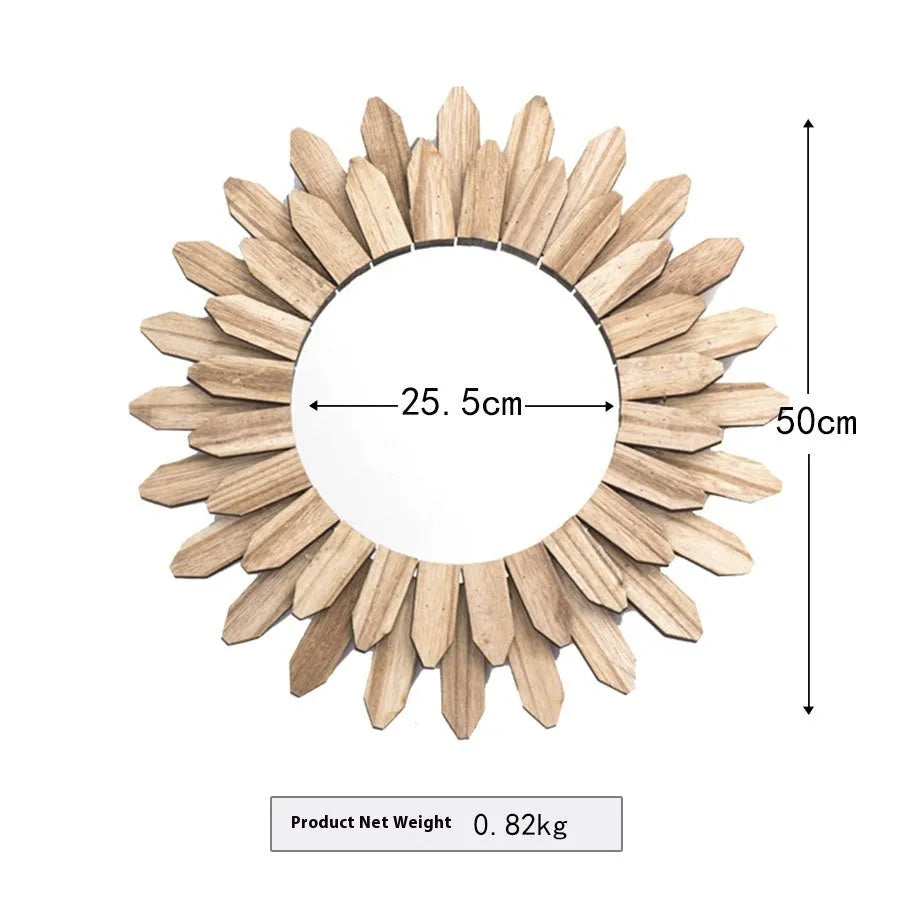 European-style round solid wood hanging mirror with a baked colour finish on a wall.