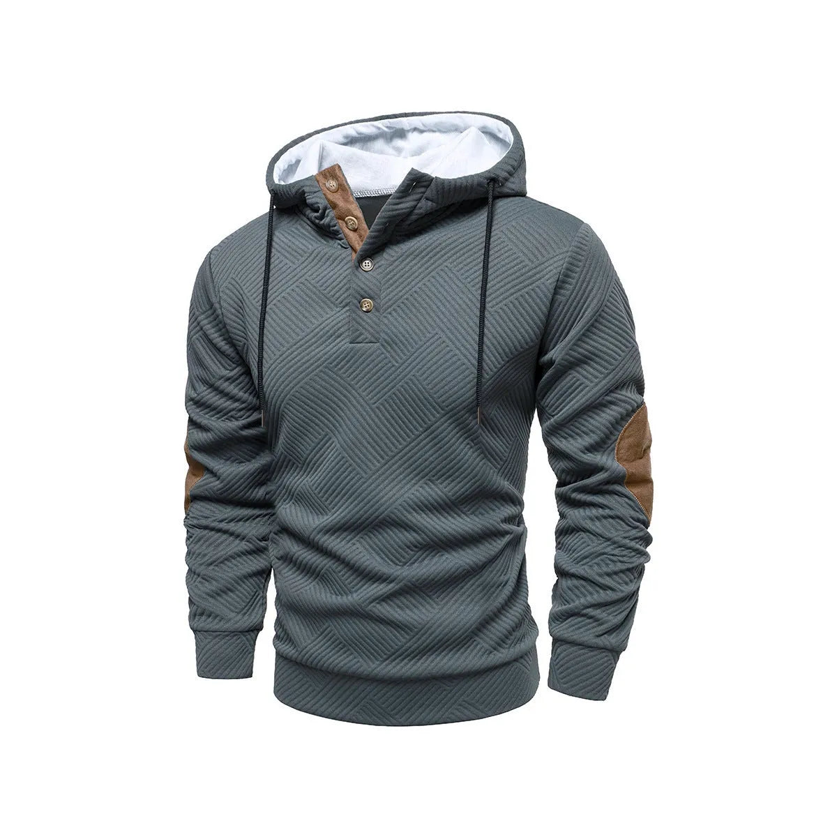 Men's loose hooded casual pullover in dark gray, long sleeves, polyester fibre construction