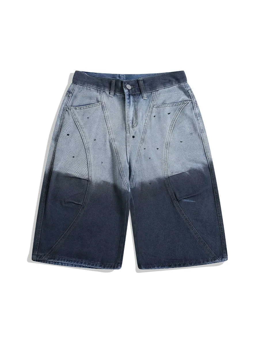 Blue tie-dye gradient cropped jeans with loose fit and worn wash on a mid-waist