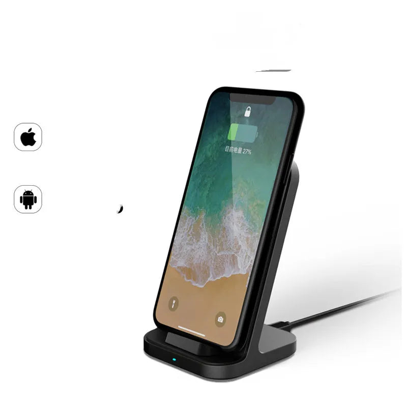Dark grey vertical wireless charging stand for Apple iPhones on a desk