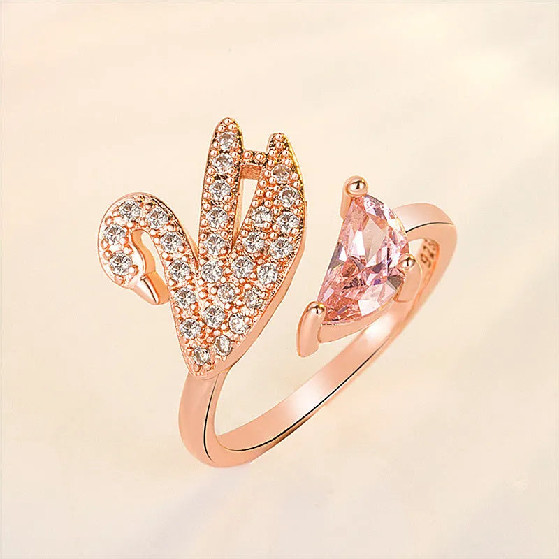Adjustable open swan ring with zircon crystal in rose gold or white gold plated finish, unisex fashion finger ring