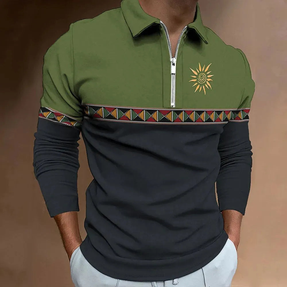 Men's loose-fit long-sleeve golf t-shirt with striped retro print and chest zipper decoration.
