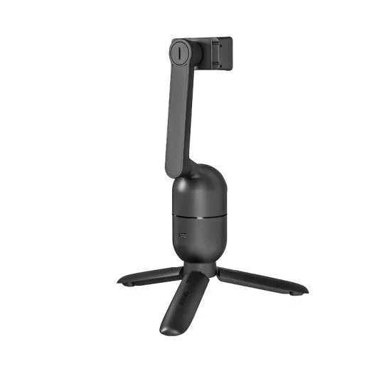 Black folding phone bracket with PTZ head extended on a tripod, showing phone clamp and control paddle