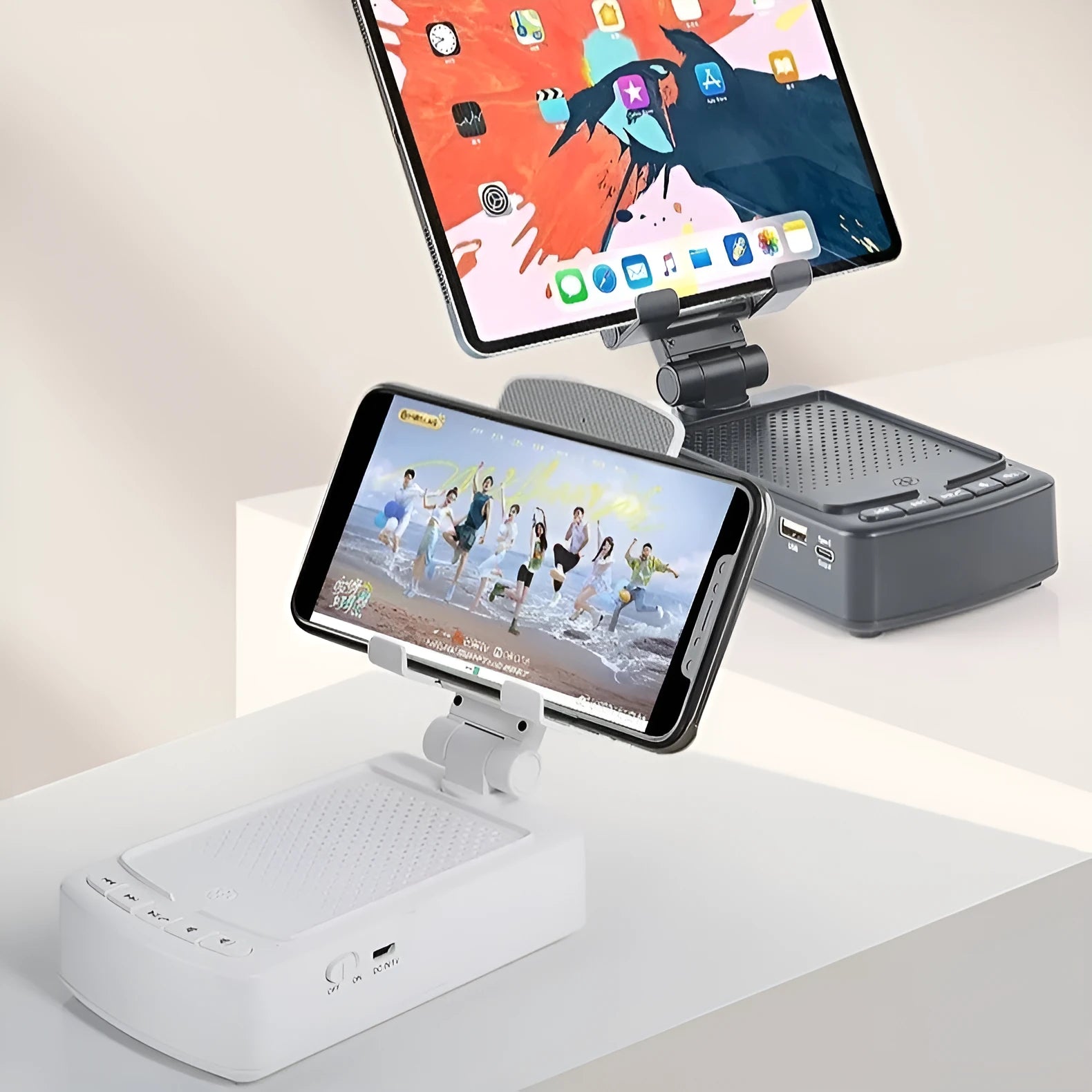 Multifunctional plastic tablet and phone holder in black with Bluetooth-compatible audio