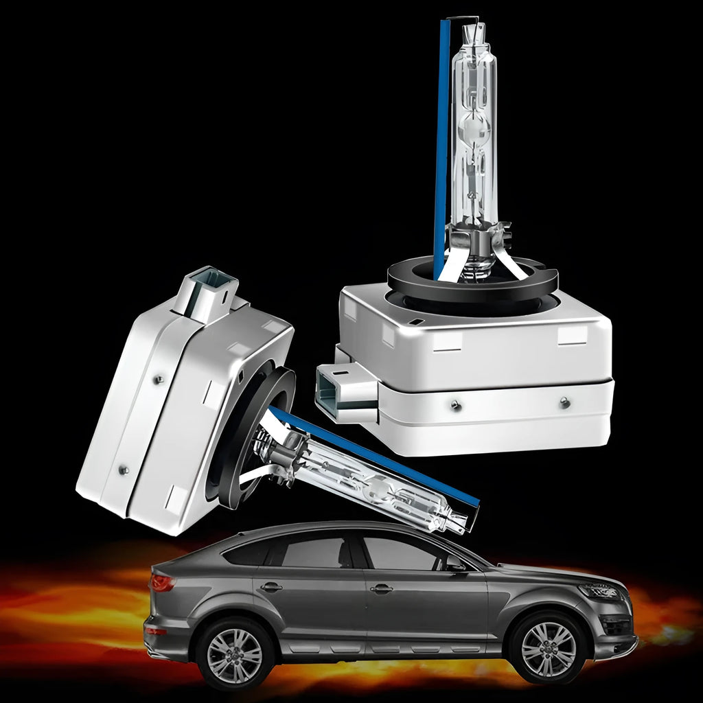 Xenon automotive headlight bulb with aluminium alloy shell and quartz tube, showing D1S and D1R base types.