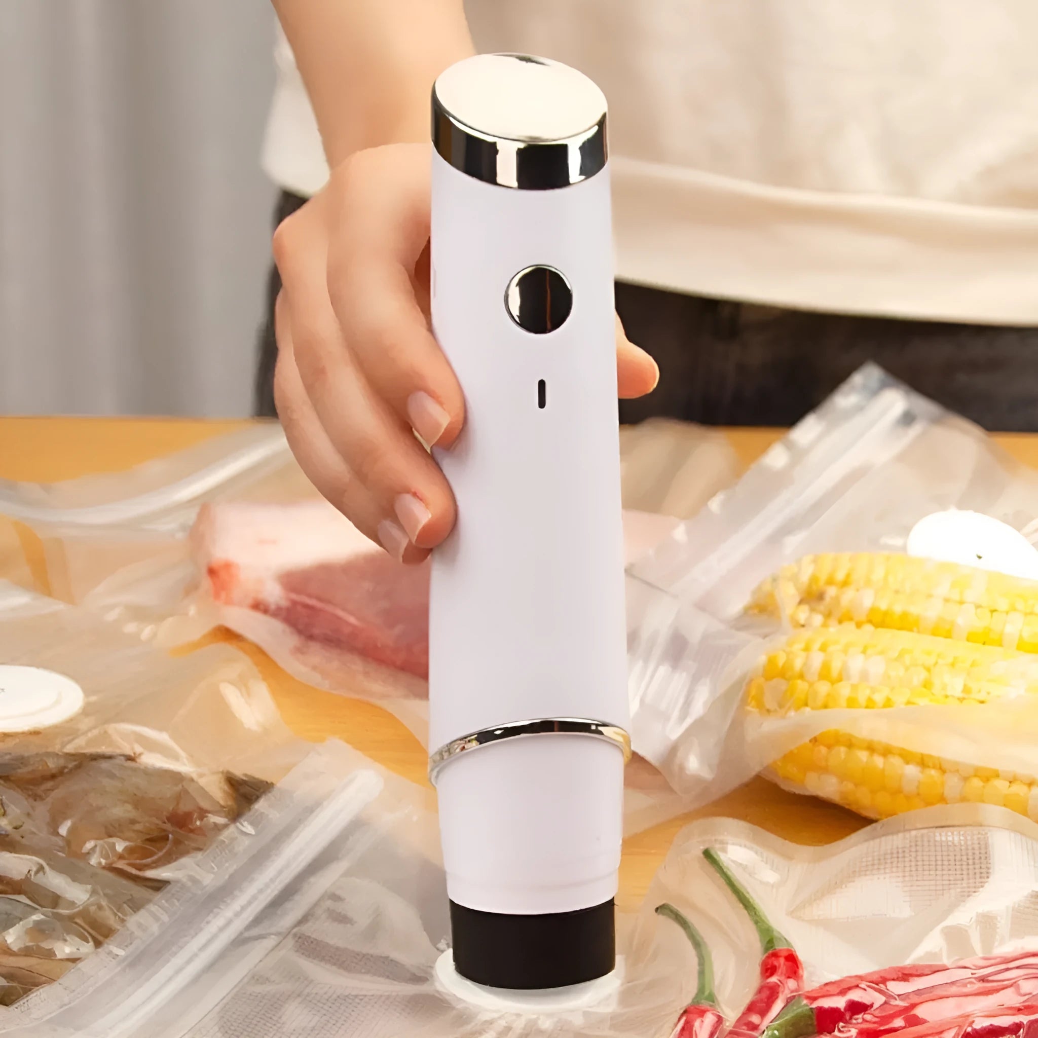 White USB electric suction pump and vacuum food storage bags for 26x28cm sealing.