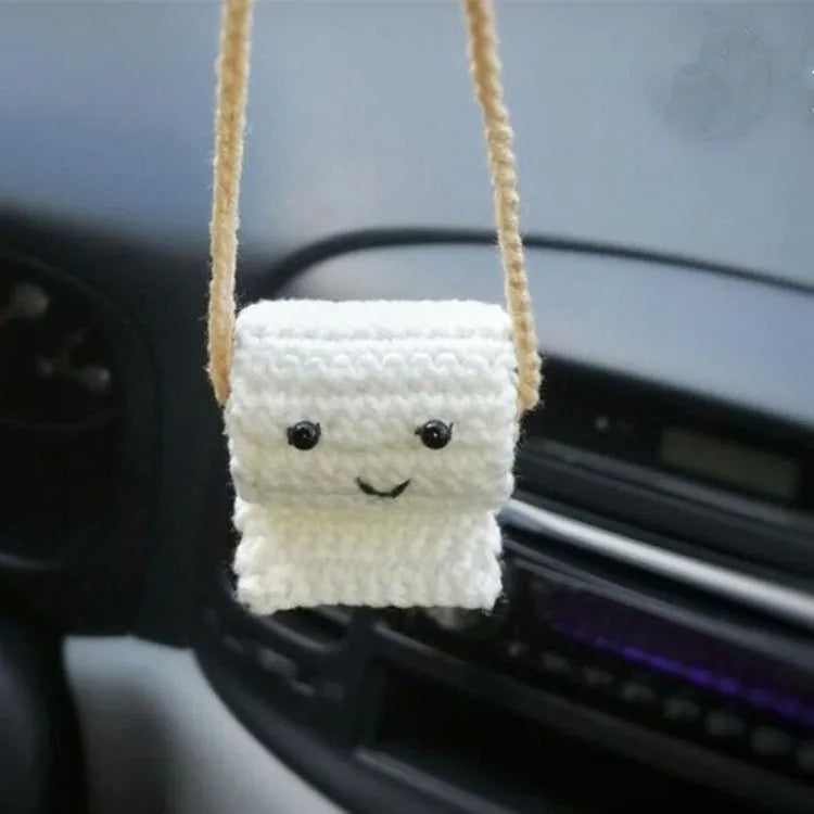 Hand-woven plush automobile hanging ornament with cartoon design for car interior decoration