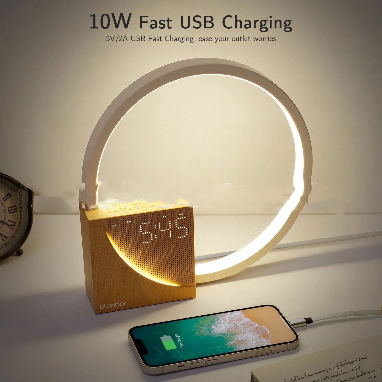 Multifunctional bedside table lamp with digital alarm clock display and touch controls for brightness and natural sounds