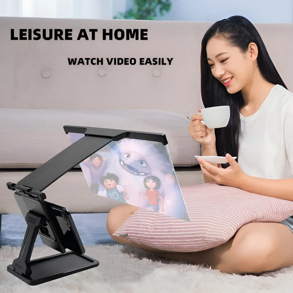 Black folding mobile phone screen amplifier and holder with 12-inch magnifier for iPhones
