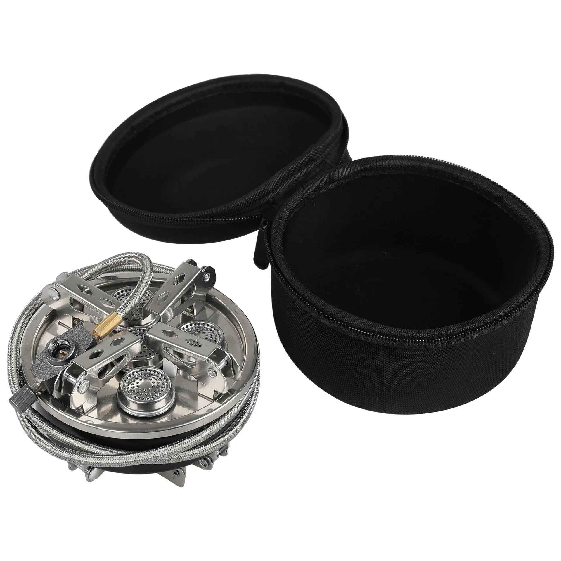 Silver portable split camping stove with fuel hose, shown folded to compact size for transport.