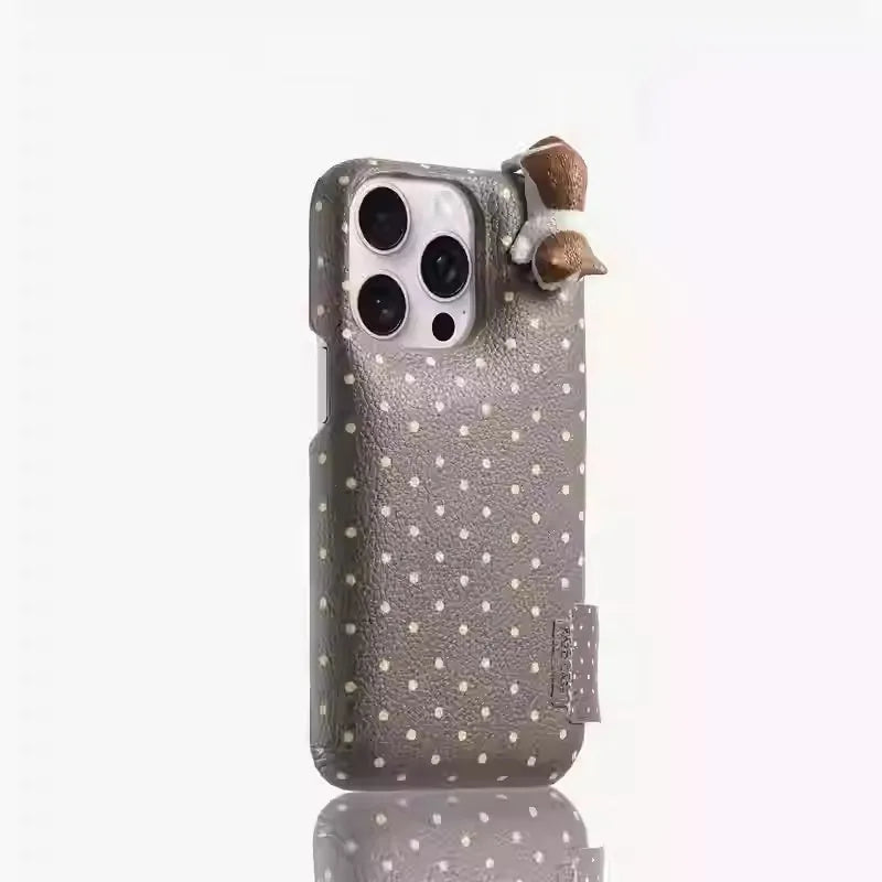 Rose pink polka dot imitation leather phone case with three-dimensional kitten design for iPhone