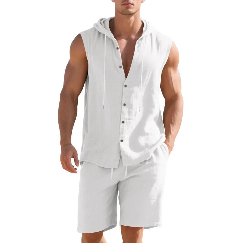 Men's sleeveless linen shirt and matching shorts suit set in light khaki colour
