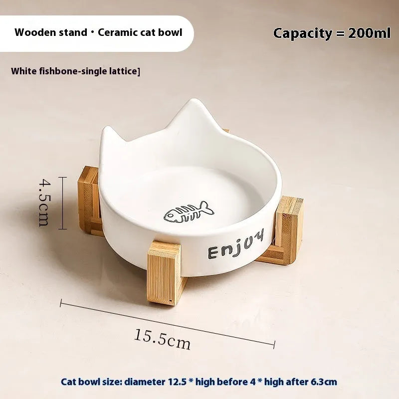 Ceramic cat bowl set with wooden anti-slip frame in cat paw design