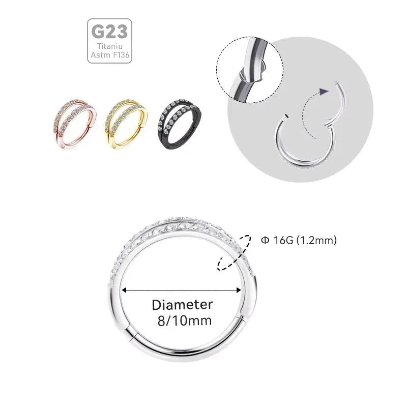 G23 titanium alloy lip and nose ring body jewellery in gold and steel colour finishes, showing different gauge sizes.