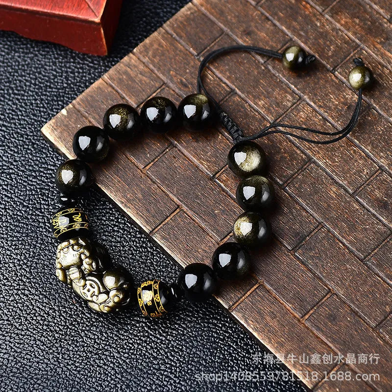 Hand-woven golden obsidian Pi Xiu bracelet with animal zodiac modelling in Chinese style