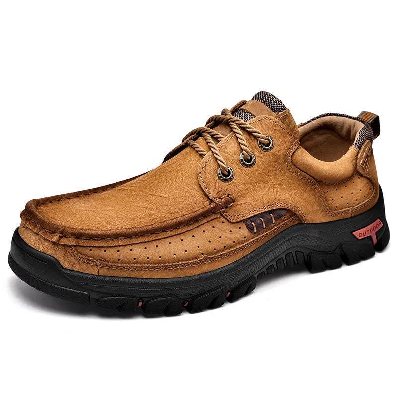Men's leather large size casual shoes in brown, low top, flat heel, rubber sole, sizes 38-50