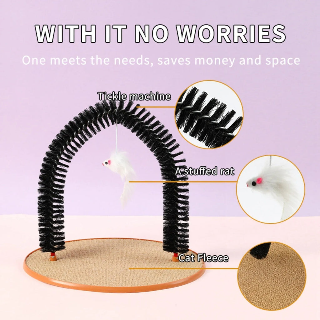 Black arch-shaped cat grooming brush with scratching surface and attached plush mouse toy on non-slip base