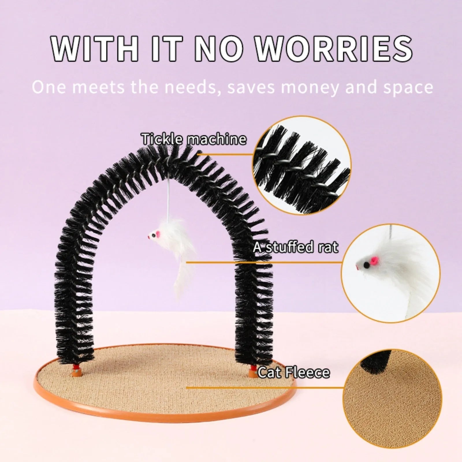 Black arch-shaped cat grooming brush with scratching surface and attached plush mouse toy on non-slip base