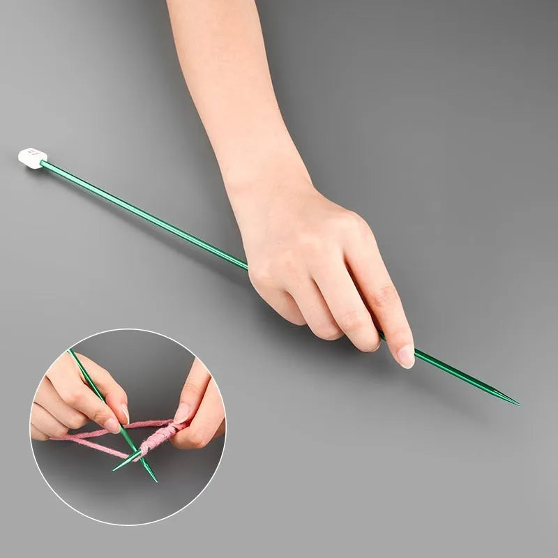 Set of aluminium crochet hooks with extended handles and protective caps, showing multiple sizes from 2.0mm to 10.0mm