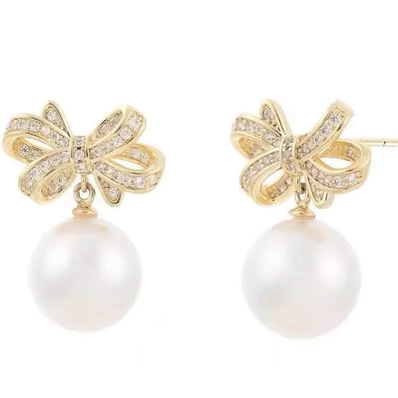 Gold tone bow pearl stud earrings, 12mm alloy women's earrings supplied as one pair